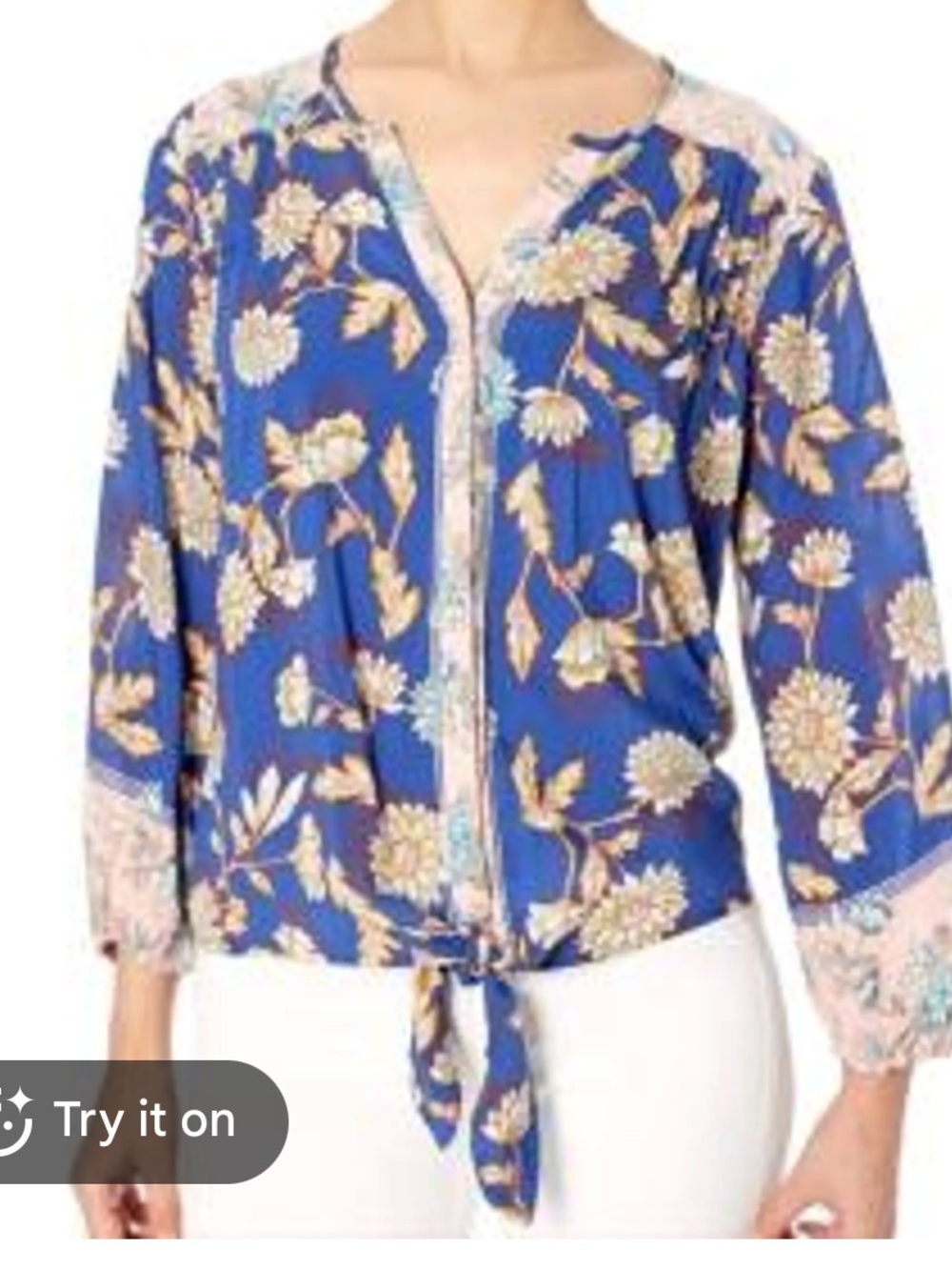 Democracy Blue Floral Tie-Front Button Down Blouse